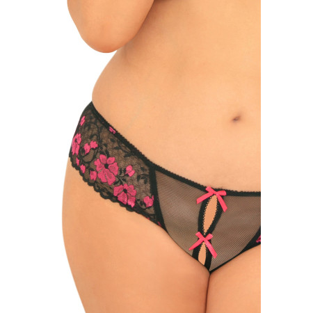 String ouvert grande taille noir avec fleurs roses - REN1028X-BLK