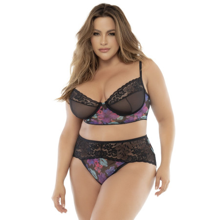 Ensemble lingerie noir, grande taille, deux pièces imprimé fleur exotique - MAL8774PRT