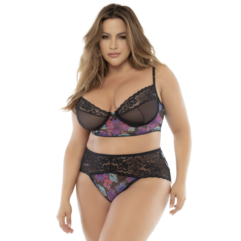 Ensemble lingerie noir, grande taille, deux pièces imprimé fleur exotique - MAL8774PRT