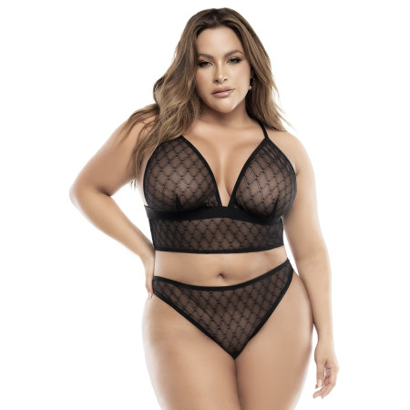 Soutien-gorge, string et jupe, grande taille, résille noire - MAL8776XBLK