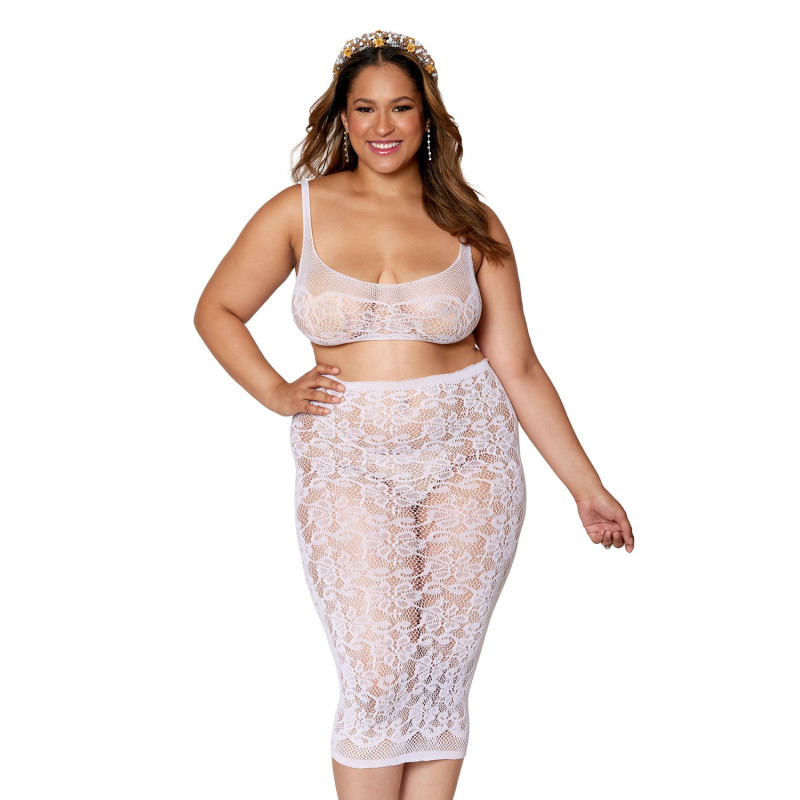 Ensemble 2 pièces grande taille, brassière résille fantaisie et jupe longue assorti - DG12921XWHT