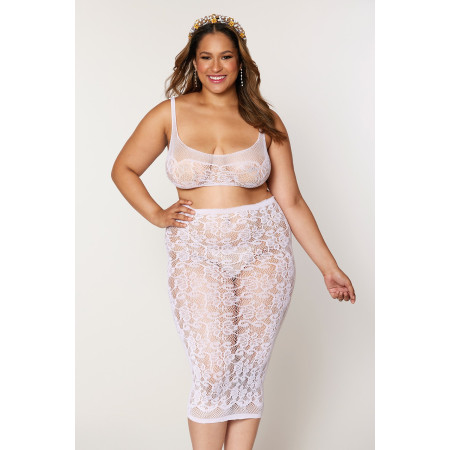 Ensemble 2 pièces grande taille, brassière résille fantaisie et jupe longue assorti - DG12921XWHT