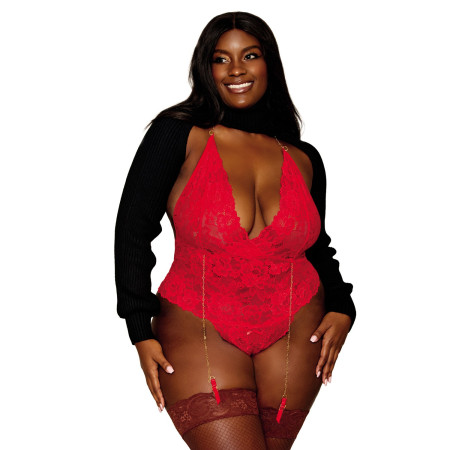 Body dentelle rouge grande taille ouvert à l'entrejambe avec porte jarretelles en chainettes - DG13089XRED