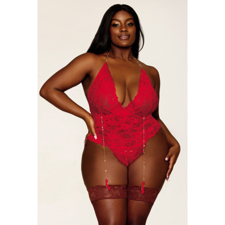 Body dentelle rouge grande taille ouvert à l'entrejambe avec porte jarretelles en chainettes - DG13089XRED