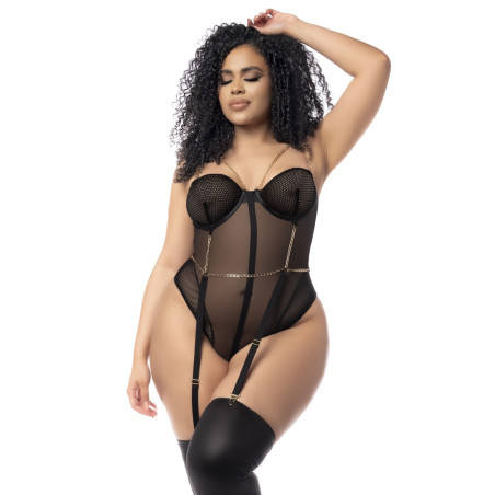 Body, grande taille, en résille transparente noire et jarretelles - MAL2727XBLK