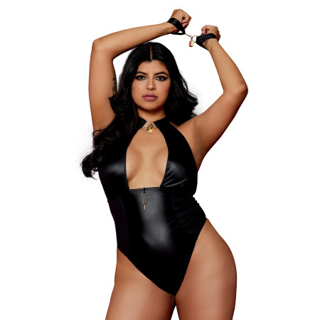 Body wetlook noir  grande taille avec menottes, cadenas bijoux et clé bijou inclus - DG12814XBLK