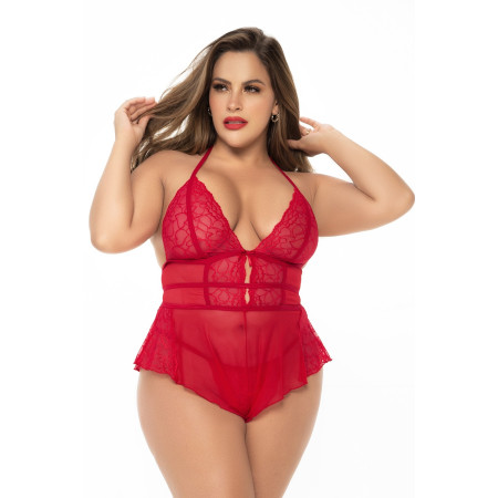 Body rouge grande taille effet babydoll et string assorti - MAL7445XRED