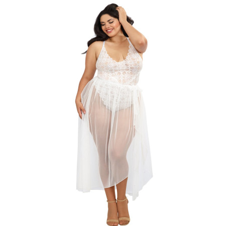 Body string grande taille blanc échancré dentelle avec jupe de maille transparente amovible - DG10996XWHT