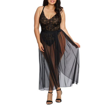 Body string noir grande taille échancré dentelle avec jupe de maille transparente amovible - DG10996XBLK