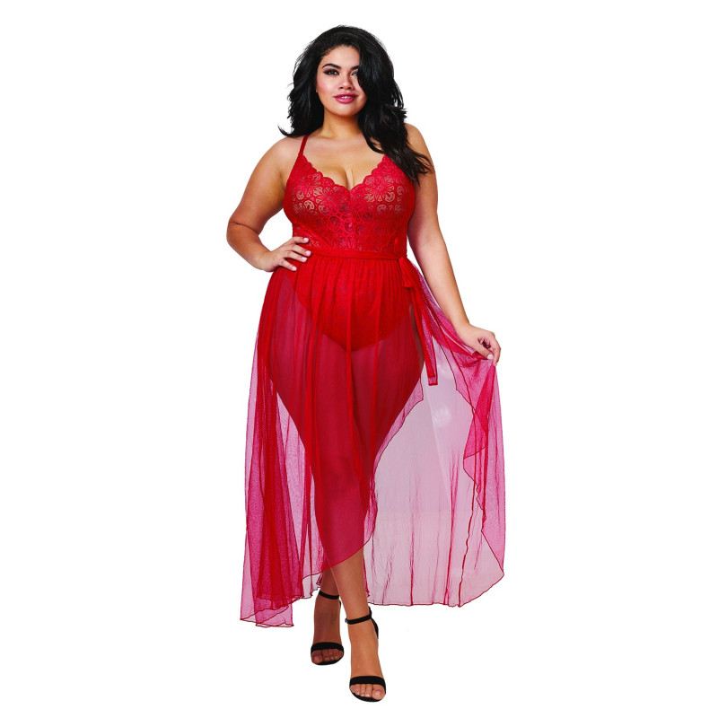 Body string rouge grande taille échancré dentelle avec jupe de maille transparente amovible - DG10996XRED