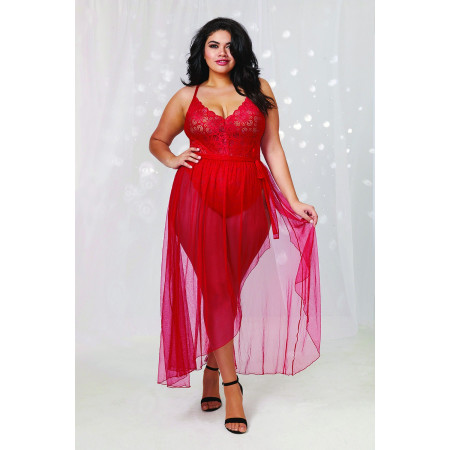 Body string rouge grande taille échancré dentelle avec jupe de maille transparente amovible - DG10996XRED