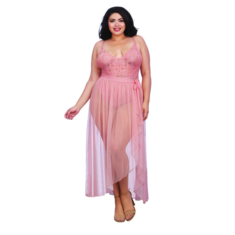 Body string rose vintage grande taille échancré dentelle avec jupe de maille transparente amovible - DG10996XVPK