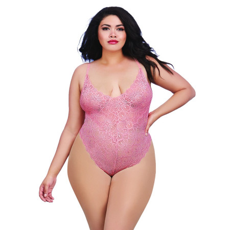 Body string rose vintage grande taille échancré dentelle avec jupe de maille transparente amovible - DG10996XVPK