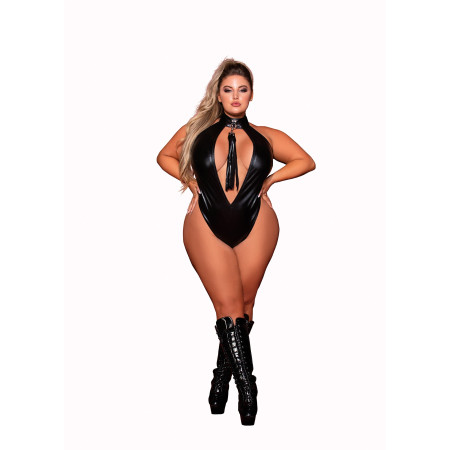 Body en simili cuir grande taille, extensible avec col clouté et fouet - DG12450XBLK