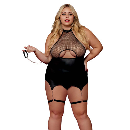 Body BDSM noir, grande taille, en maille avec corset / porte-jarretelles, simili cuir, intégré - DG13295XBLK