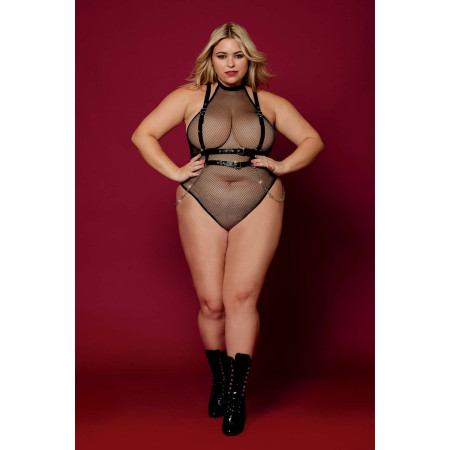 Body en résille, grande taille, avec Harnais simili cuir et chaines - DG13291XBLK