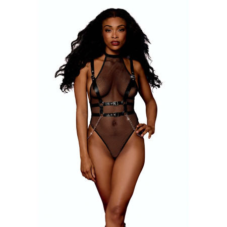 Body en résille avec Harnais simili cuir et chaines - DG13291BLK