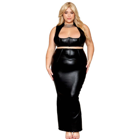 Ensemble Soutien-gorge et jupe longue, grande taille, noir en simili cuir - DG13198XBLK