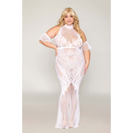 Robe bodystocking, grande taille, en résille t dentelle blanche - DG0490XWHT