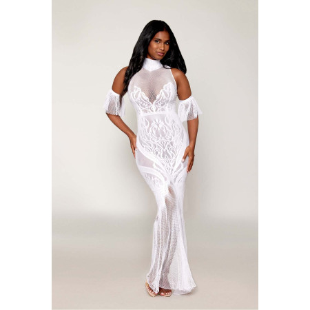 Robe bodystocking en résille et dentelle blanche - DG0490WHT