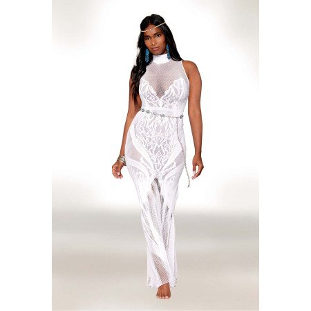 Robe bodystocking en résille et dentelle blanche - DG0490WHT