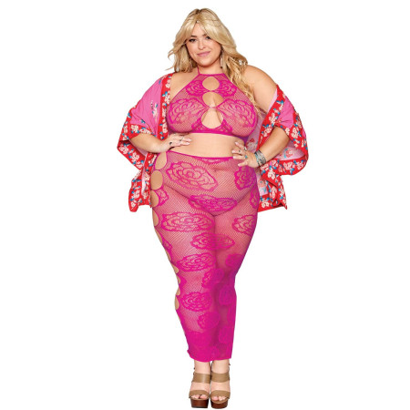 Ensemble Soutien-gorge et jupe longue en filet rose, grande taille - DG0485XBEE