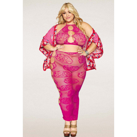 Ensemble Soutien-gorge et jupe longue en filet rose, grande taille - DG0485XBEE